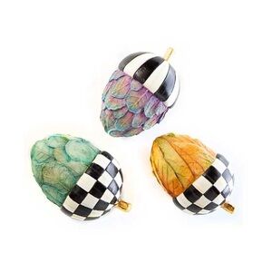 Mackenzie-Childs FOLIAGE ACORNS Courtly Check & Stripe Set of 3